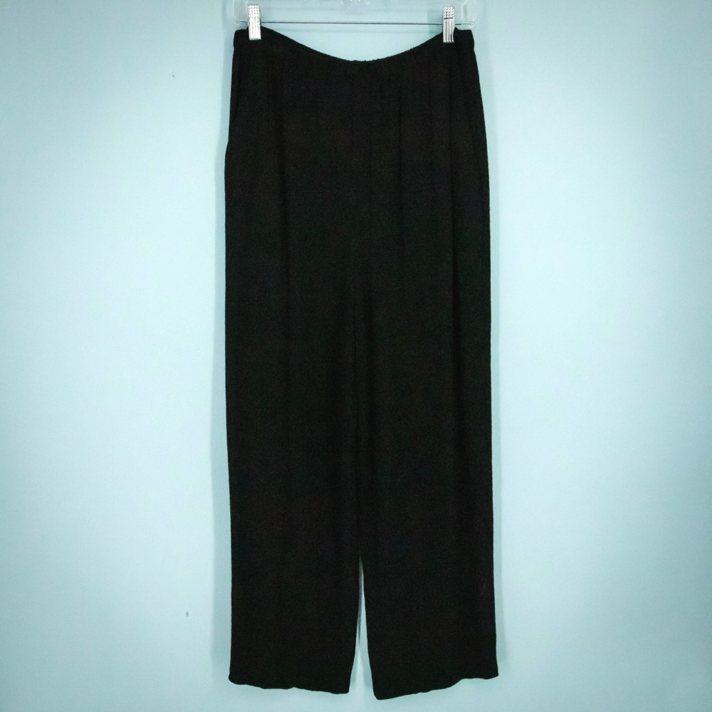Eileen Fisher Size Large L Black System Straight Leg Pull On Pleated Rayon Pants